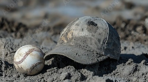 Mud Covered Baseball And Cap In The Dirt photo