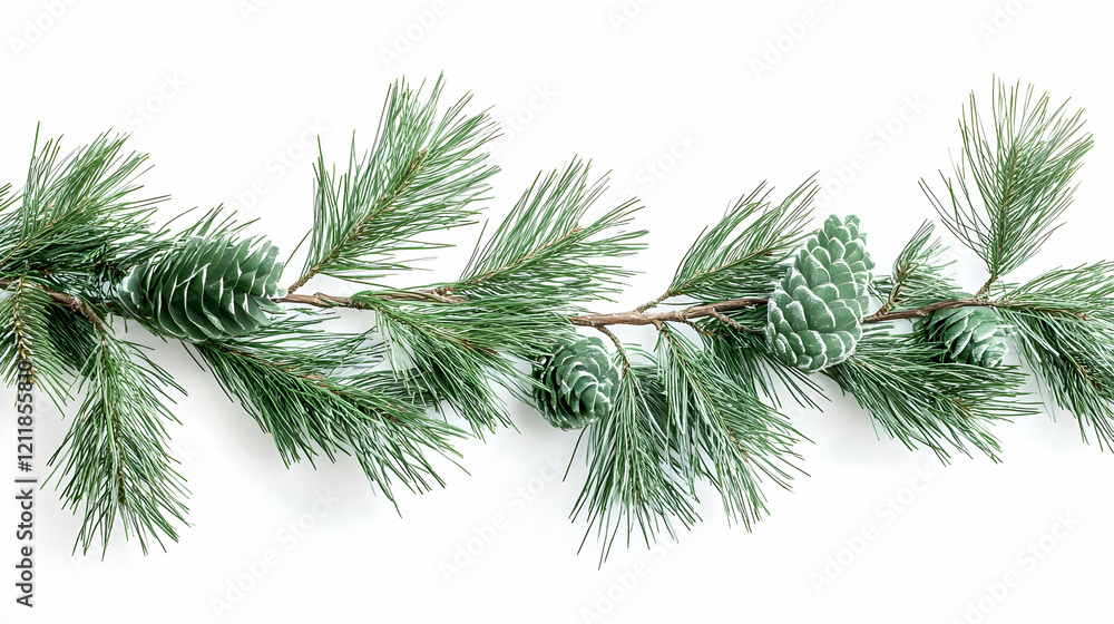 Obraz premium Festive pine garland with frosted cones, isolated on white background, perfect for holiday cards and website banners