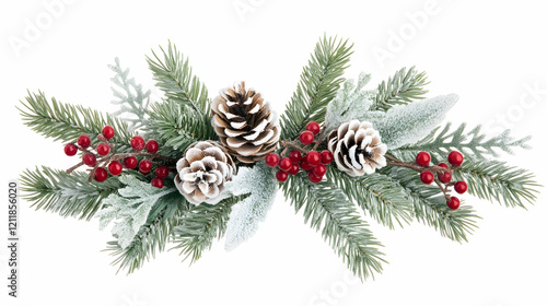 Festive winter garland with pine cones, berries, and snowy foliage; ideal for holiday decor photo