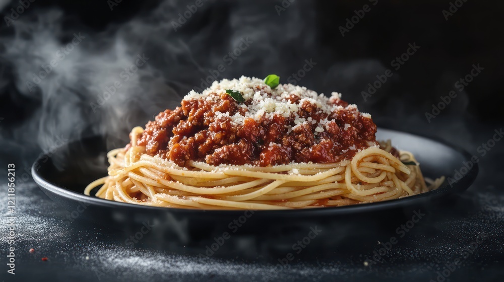Fototapeta premium spaghetti Bolognese on a black plate, with a dark background and smoke