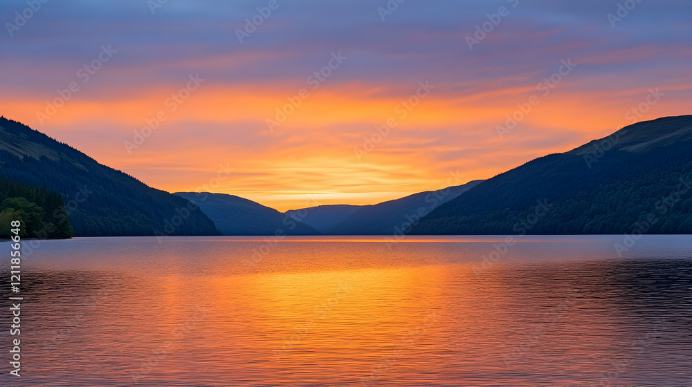 Fiery sunset over tranquil mountain lake, reflecting vibrant colors, serene landscape, ideal for travel brochures Fiery sunset over tranquil mountain lake, reflecting vibrant colors, serene landscape, ideal for travel brochures