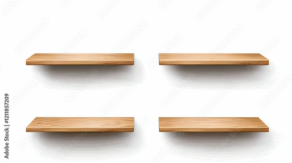 Four empty wooden shelves against white background, ideal for product display or online store mockups Four empty wooden shelves against white background, ideal for product display or online store mockups