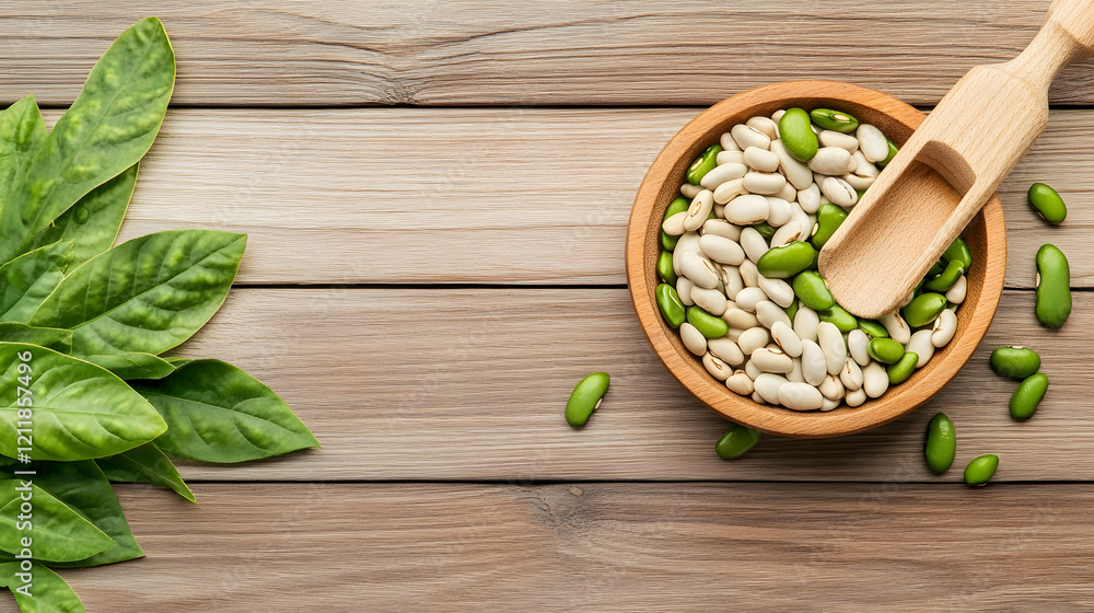 Fresh green and white beans in wooden bowl on wooden table, healthy food concept, website banner Fresh green and white beans in wooden bowl on wooden table, healthy food concept, website banner