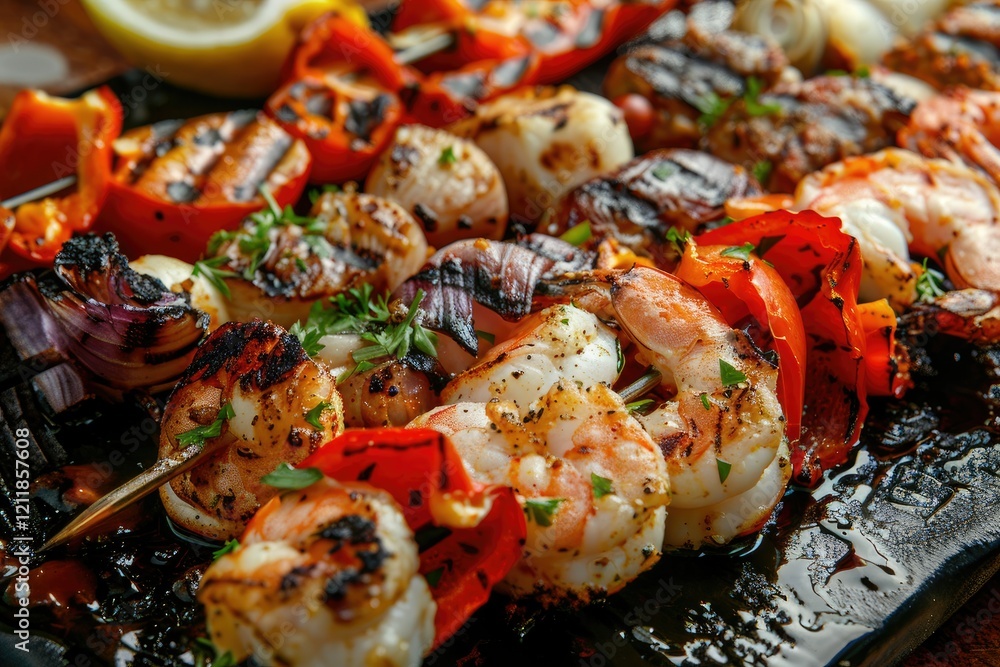 High Detail Picture of Grilled Skewers of Seafood Meat and Vegetables High Detail Picture of Grilled Skewers of Seafood Meat and Vegetables