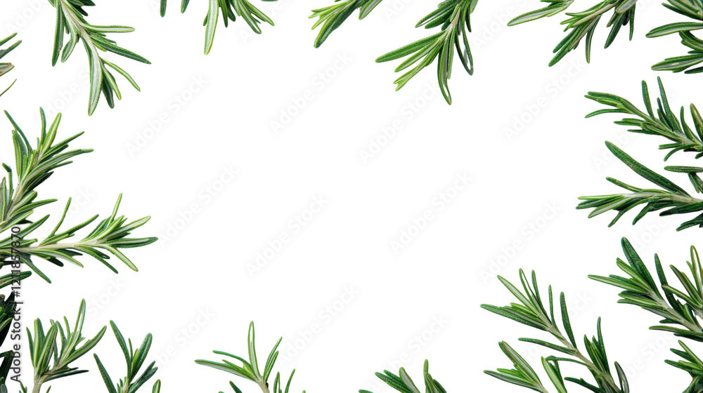 Obraz premium Fresh rosemary sprigs arranged in a delicate frame against a bright white background