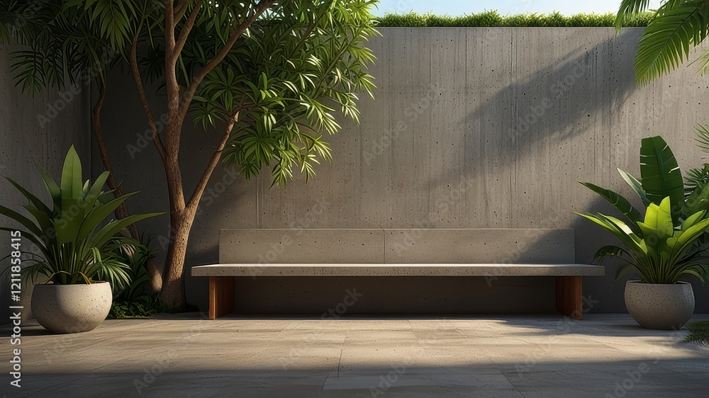 Obraz premium Empty exterior concrete wall with tropical style garden 3d render,decorate with tropical style tree ,sunlight on the wall