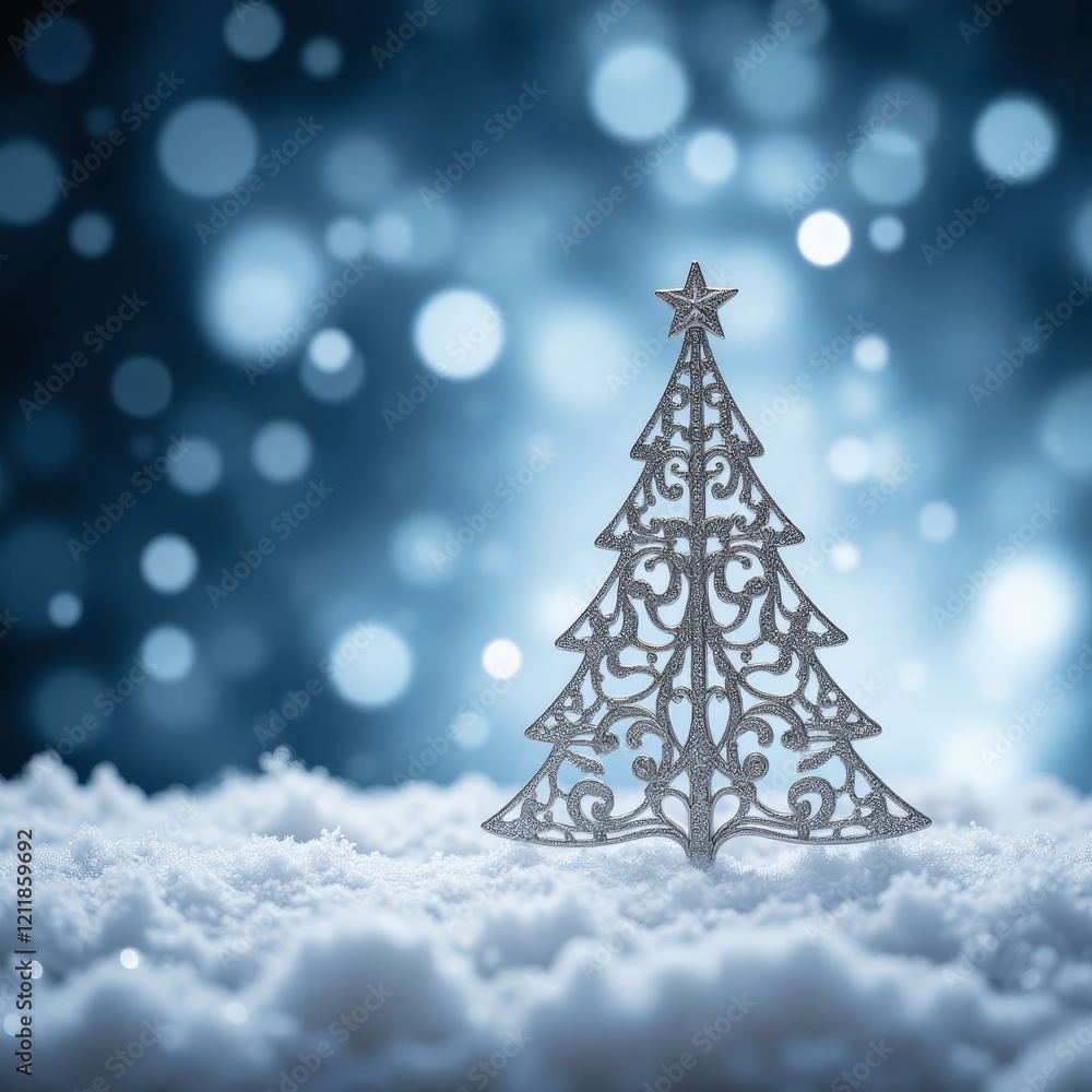 Ornamental silver christmas tree on snow with bokeh background Ornamental silver christmas tree on snow with bokeh background