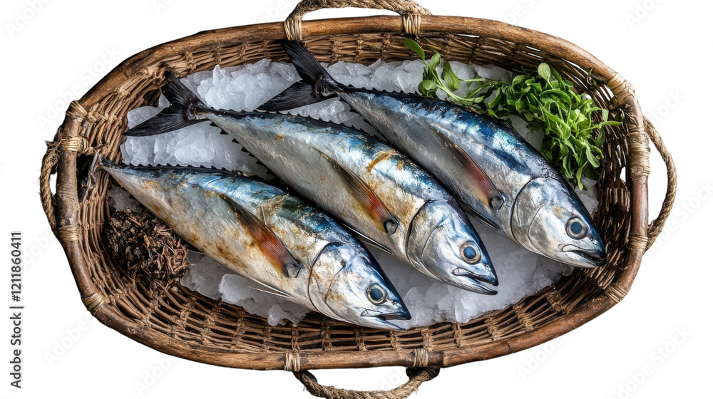 Freshly caught mackerel displayed in a traditional woven basket with ice and leafy greens Freshly caught mackerel displayed in a traditional woven basket with ice and leafy greens