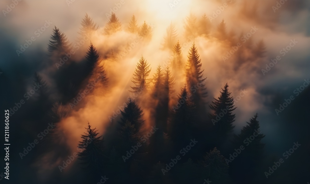 Naklejka premium Forest silhouettes, misty sunrise, golden sunbeams, pine trees, foggy atmosphere, dramatic lighting, ethereal landscape, moody sky, dreamy nature scene, cinematic composition, warm color palette