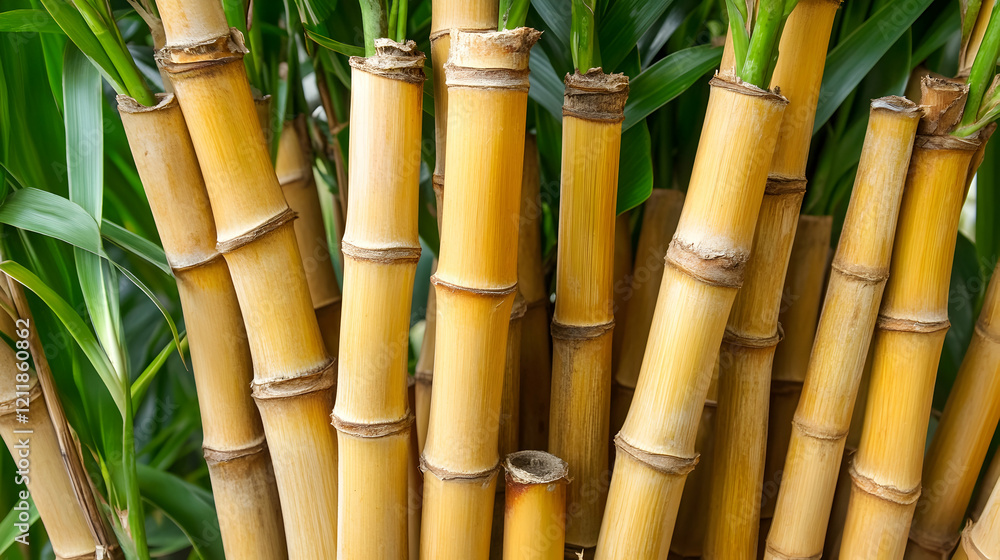 Fototapeta premium Golden bamboo stalks in lush green foliage, garden background, nature texture