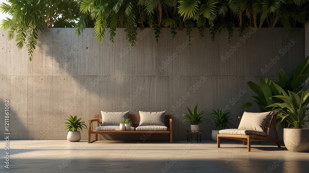 Obraz premium Empty exterior concrete wall with tropical style garden 3d render,decorate with tropical style tree ,sunlight on the wall