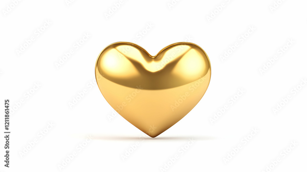 Golden heart 3D render, isolated on white background, love symbol, Valentine's Day