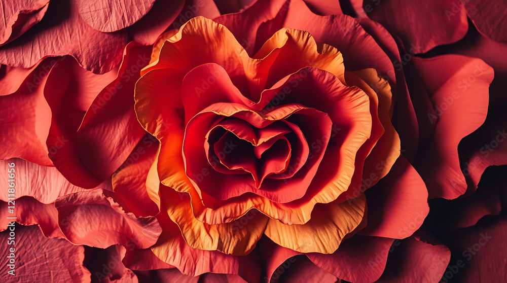 Naklejka premium Vibrant macro photograph of a rose, deep red petals, intricate floral details, layered textures, dramatic lighting, dark shadows, high contrast, extreme close-up, romantic mood, botanical art, rich co