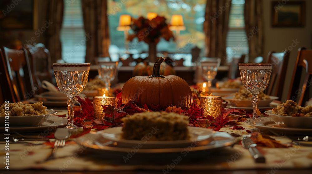 A festive Thanksgiving table setting with a pumpkin centerpiece, fall leaves, candles, and traditional dishes like stuffing and pie, creating a warm, welcoming atmosphere for the holiday. A festive Thanksgiving table setting with a pumpkin centerpiece, fall leaves, candles, and traditional dishes like stuffing and pie, creating a warm, welcoming atmosphere for the holiday.