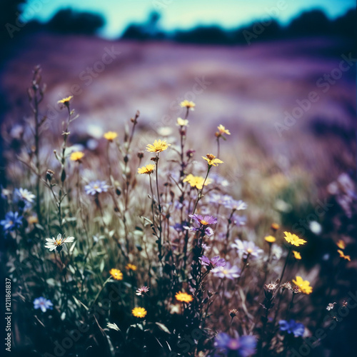 Wildflowers, Lomography style, bordered by the distinctive light leaks and random blurriness typical of Lomography photo