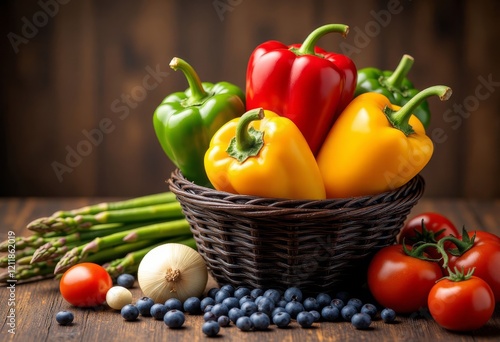 Peppers in a basket with asparagus tomatoes blueberries and garlic