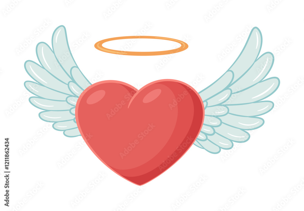 Obraz premium Flying heart with wings doodle style. Hand drawn cartoon flat style isolated icon cute flying heart. Angel heart with wings. Cupid Love Valentine’s Day. Vector illustration