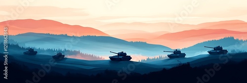 Tanks in Misty Mountains: Three tanks traverse a misty mountain range at dawn, creating a dramatic and evocative scene of military might and atmospheric beauty.  photo