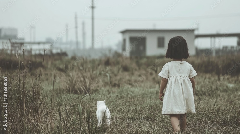 Little girl in white dress walks away from camera with white cat in grassy field. Little girl in white dress walks away from camera with white cat in grassy field.