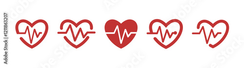 Heartbeat icon collection, collection of red heart vector icons. Heart icon with plus. 
