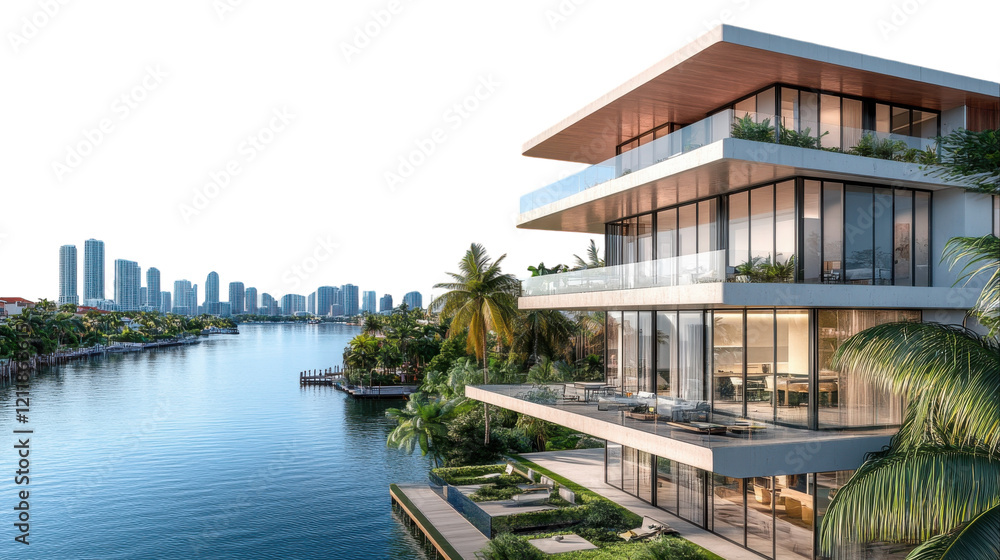 Obraz premium Modern waterfront mansion with stunning city skyline view during the bright afternoon