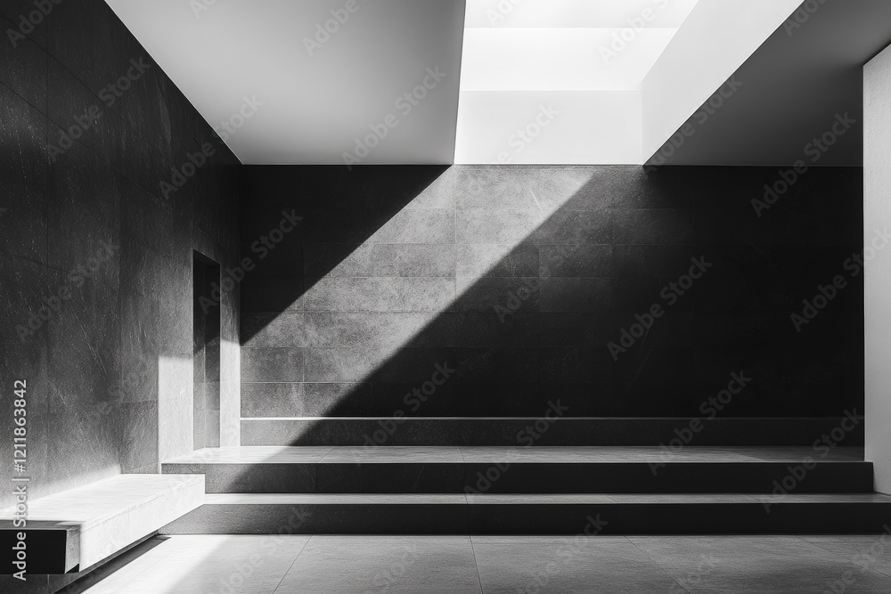 Obraz premium Dark modern interior with sunlight casting geometric shadows