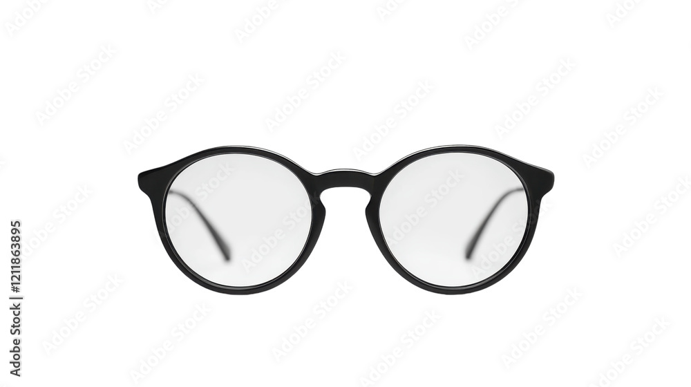 Stylish round black glasses resting on a plain white background, perfect for modern fashion lovers Stylish round black glasses resting on a plain white background, perfect for modern fashion lovers