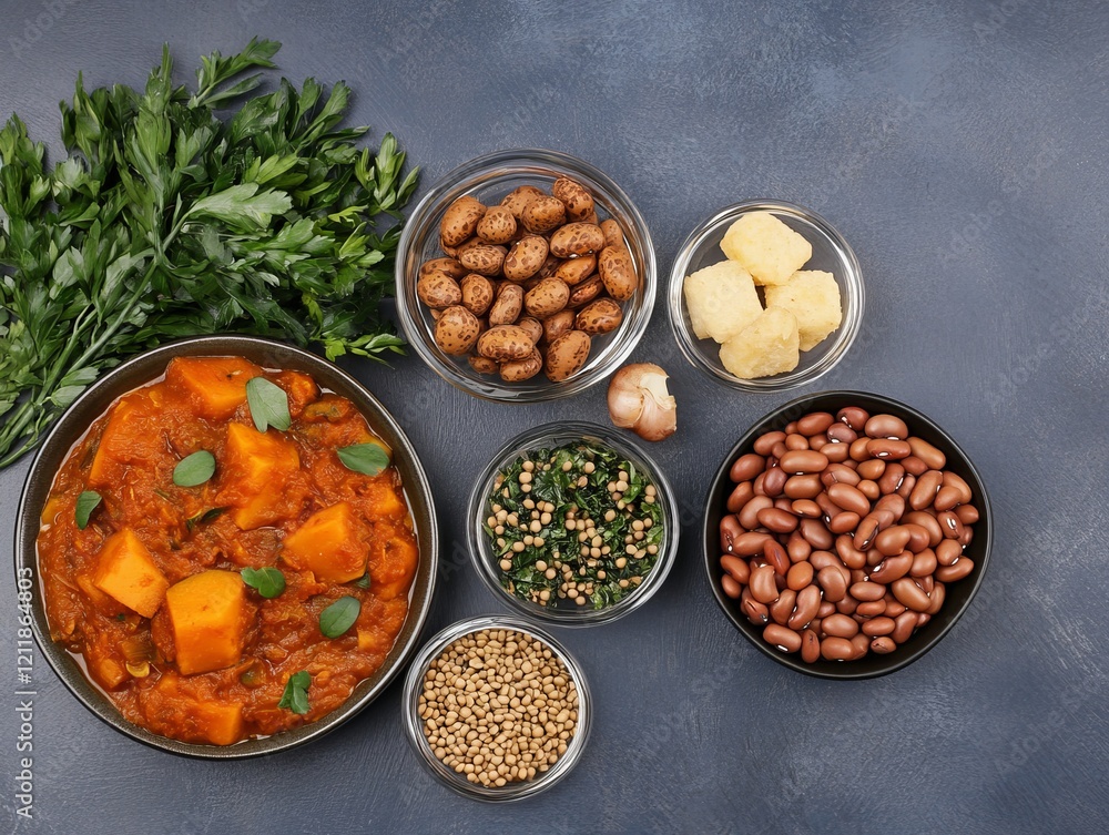 A vibrant arrangement of a hearty vegetable curry alongside various legumes, spices, and fresh ingredients on a textured surface. A vibrant arrangement of a hearty vegetable curry alongside various legumes, spices, and fresh ingredients on a textured surface.