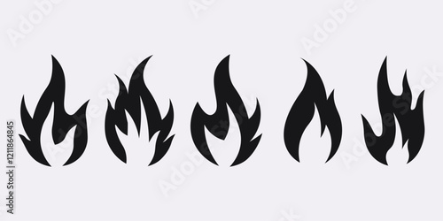 Fire flame icon set with bold abstract heat symbols. Burning blaze silhouettes collection in clean vector style. Editable graphic pack for logos branding posters and safety design projects.