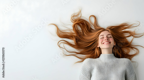Happy redhead woman lying on floor, long hair spread, white background, carefree