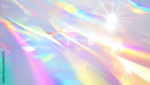 White background with a rainbow light refraction effect.