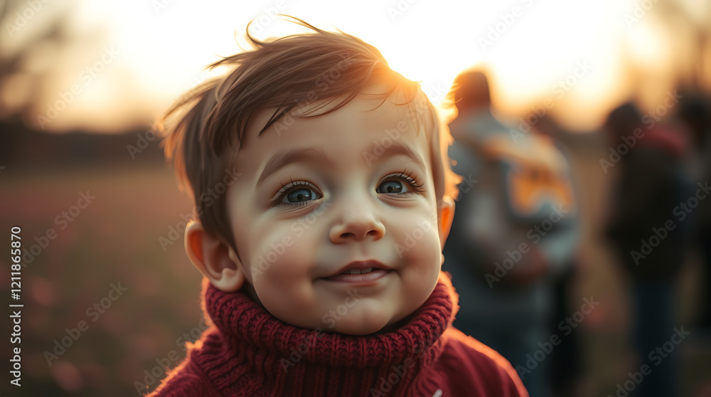 Young child portrait, toddler in red sweater, warm golden sunset light, shallow depth of field, soft focus, bokeh background, outdoors, joyful expression, rosy cheeks, innocent smile, close-up, emotiv Young child portrait, toddler in red sweater, warm golden sunset light, shallow depth of field, soft focus, bokeh background, outdoors, joyful expression, rosy cheeks, innocent smile, close-up, emotiv