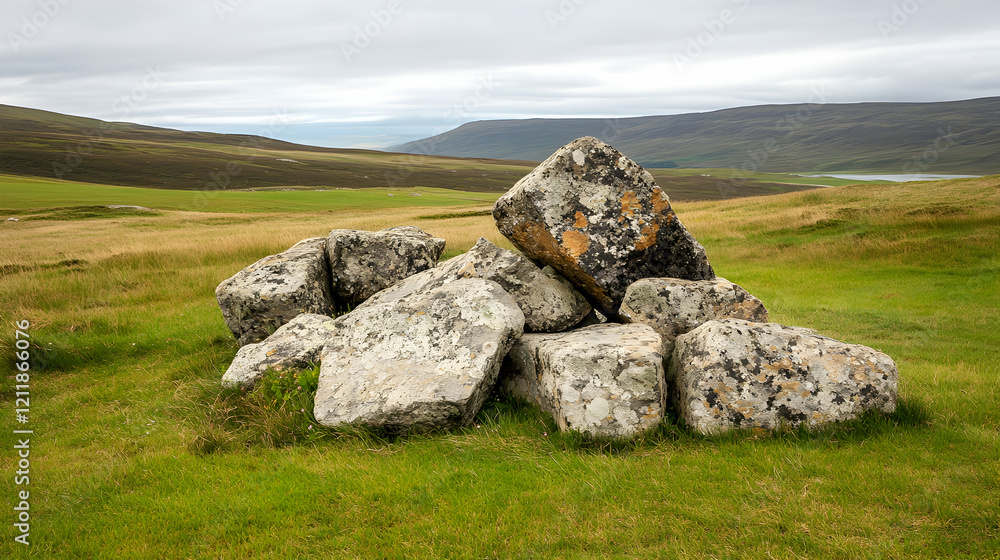 Highland rocks landscape, pastoral scene, cloudy sky, possible travel brochure Highland rocks landscape, pastoral scene, cloudy sky, possible travel brochure