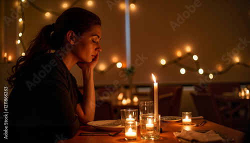 Thoughtful woman reflecting at candlelit dinner, intimate atmosphere