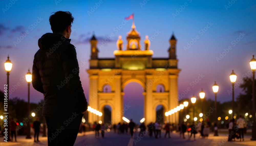Obraz premium Individual admiring historical landmark at twilight, serene atmosphere