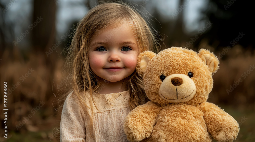 Adorable Little Girl with Teddy Bear in a Park: A Heartwarming Portrait