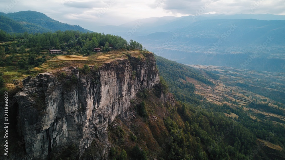Naklejka premium Mountaintop village, cliffside homes, valley view, rural landscape, travel photography