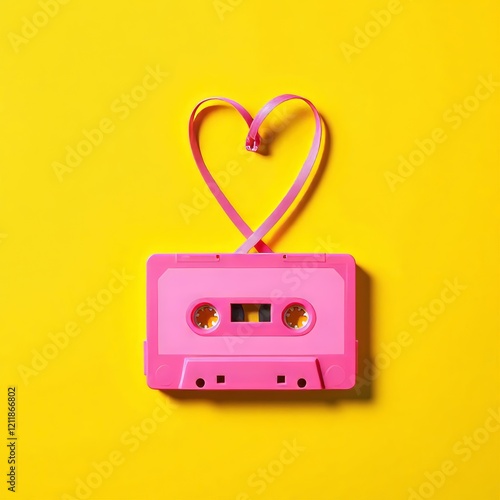 Pink cassette tape with heart-shaped ribbon on yellow background