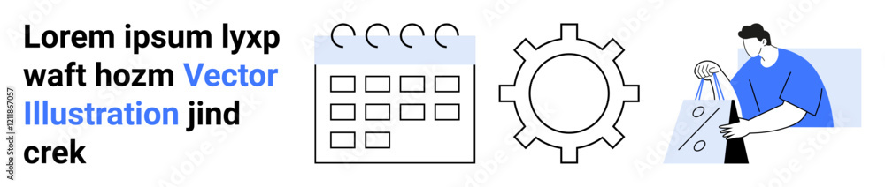 Text blocks, calendar icon, gear symbol, man carrying shopping bags. Ideal for business planning, scheduling, mechanics, e-commerce organization productivity consumer behavior. Landing page Text blocks, calendar icon, gear symbol, man carrying shopping bags. Ideal for business planning, scheduling, mechanics, e-commerce organization productivity consumer behavior. Landing page