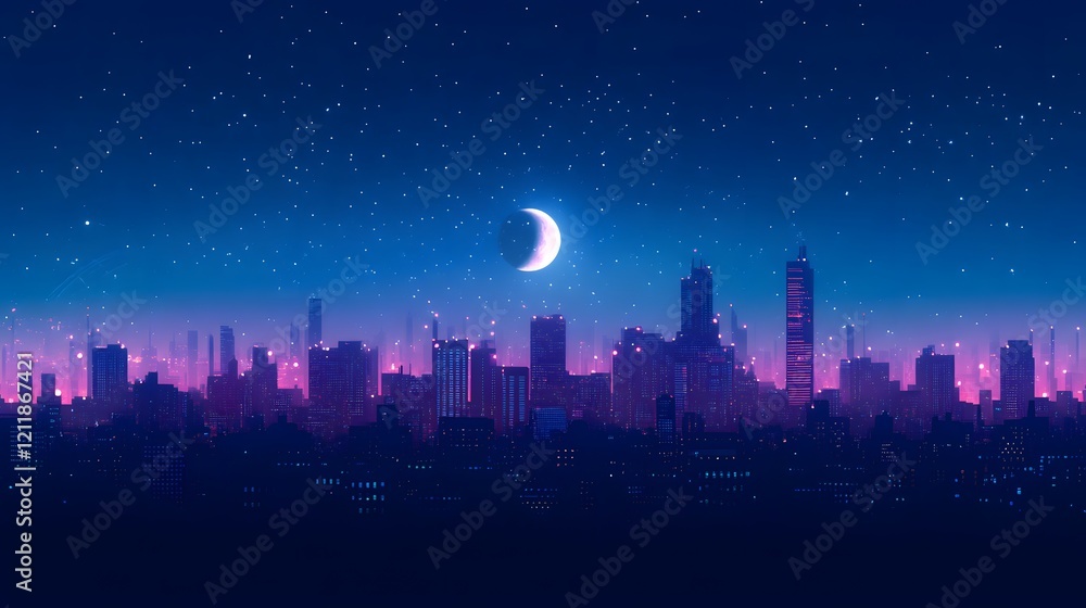 A city skyline with a large moon in the sky. The city is lit up with lights, creating a vibrant and lively atmosphere A city skyline with a large moon in the sky. The city is lit up with lights, creating a vibrant and lively atmosphere