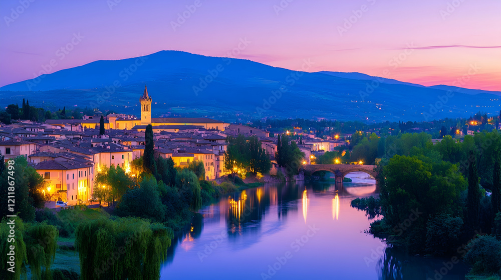 Obraz premium Italian town twilight river bridge mountain sunset landscape travel postcard