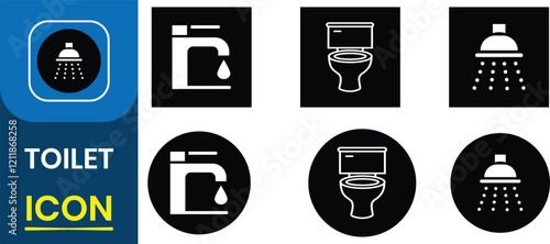 Toilet icon set. Toilets man or woman urinal to cleanup, shower, flushing water closet. Vector Illustration.
