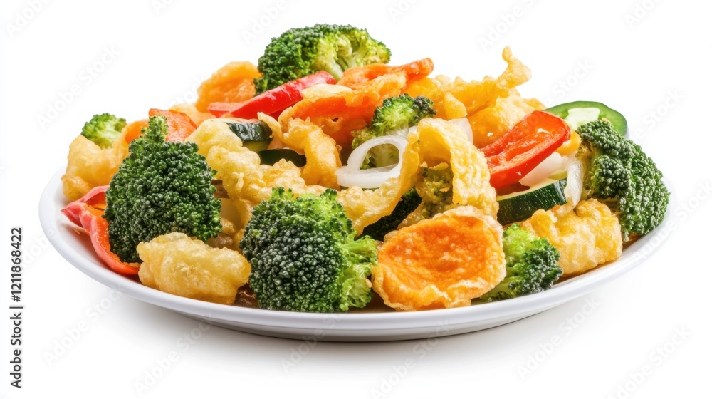 A plate of crispy vegetable tempura with assorted vegetables including bell peppers, sweet potatoes, broccoli A plate of crispy vegetable tempura with assorted vegetables including bell peppers, sweet potatoes, broccoli