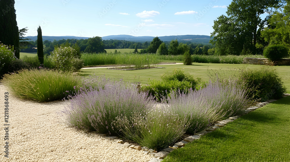 Obraz premium Lavender garden view, idyllic countryside landscape, rolling hills background. Perfect for travel brochures or real estate