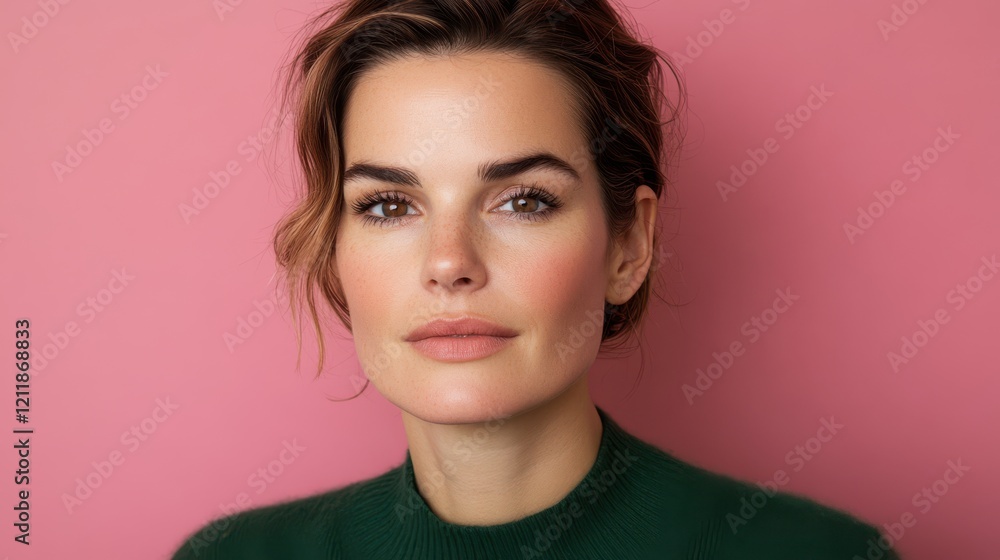 Fototapeta premium Bright-eyed woman with soft curls and a warm smile, wearing a green sweater against a pink backdrop.