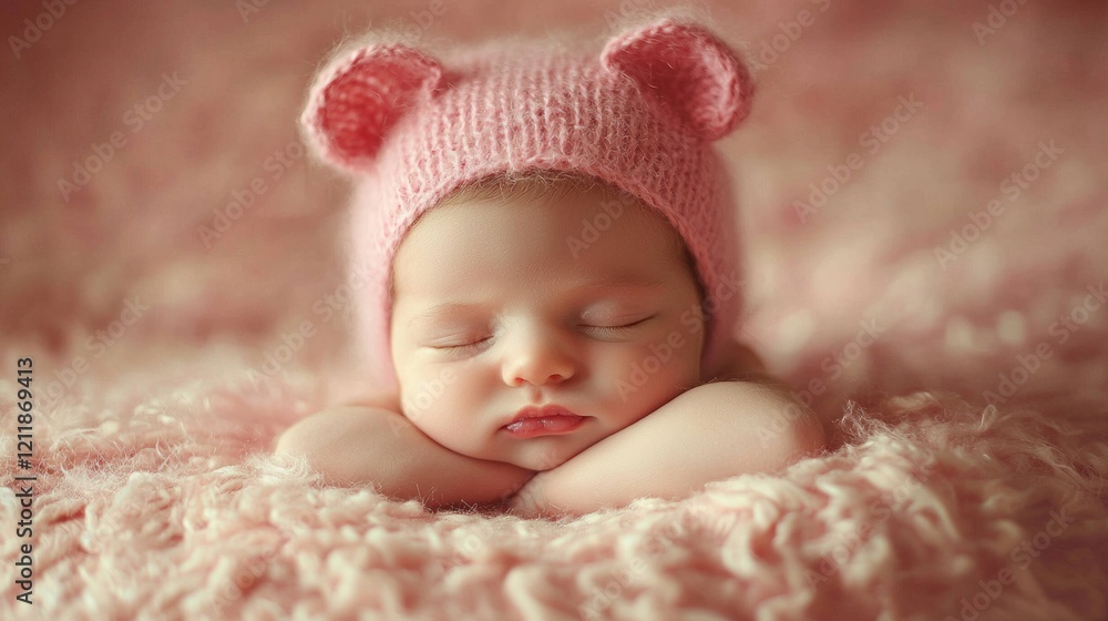 In a tranquil home setting, a cute little baby peacefully sleeps wearing an adorable pink hat with bear ears. Soft textures and warm colors surround the little one, creating a serene atmosphere In a tranquil home setting, a cute little baby peacefully sleeps wearing an adorable pink hat with bear ears. Soft textures and warm colors surround the little one, creating a serene atmosphere