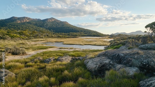 Sunset over tranquil coastal wetland, mountains backdrop, ideal for nature tourism brochures photo