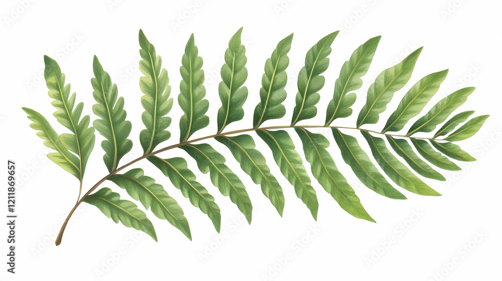 Lush green fern frond, isolated on white background, perfect for botanical illustrations or nature designs Lush green fern frond, isolated on white background, perfect for botanical illustrations or nature designs