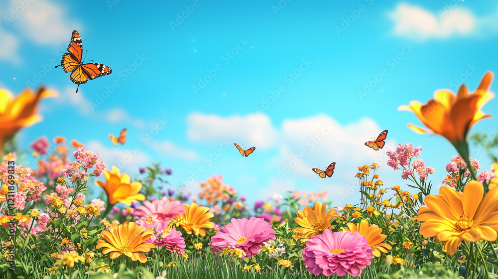 A vibrant garden scene with a variety of blooming flowers, buzzing bees, and butterflies fluttering under a bright blue sky, creating a lively and colorful atmosphere. A vibrant garden scene with a variety of blooming flowers, buzzing bees, and butterflies fluttering under a bright blue sky, creating a lively and colorful atmosphere.