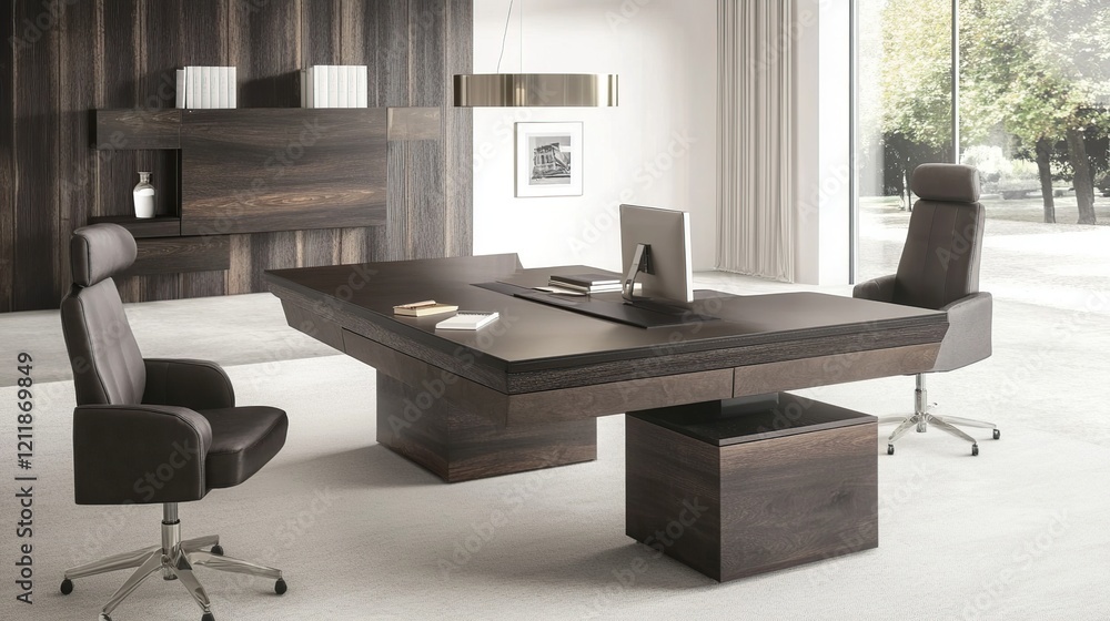 Fototapeta premium Modern spacious office with large dark wood desk, two executive chairs, and built-in storage.